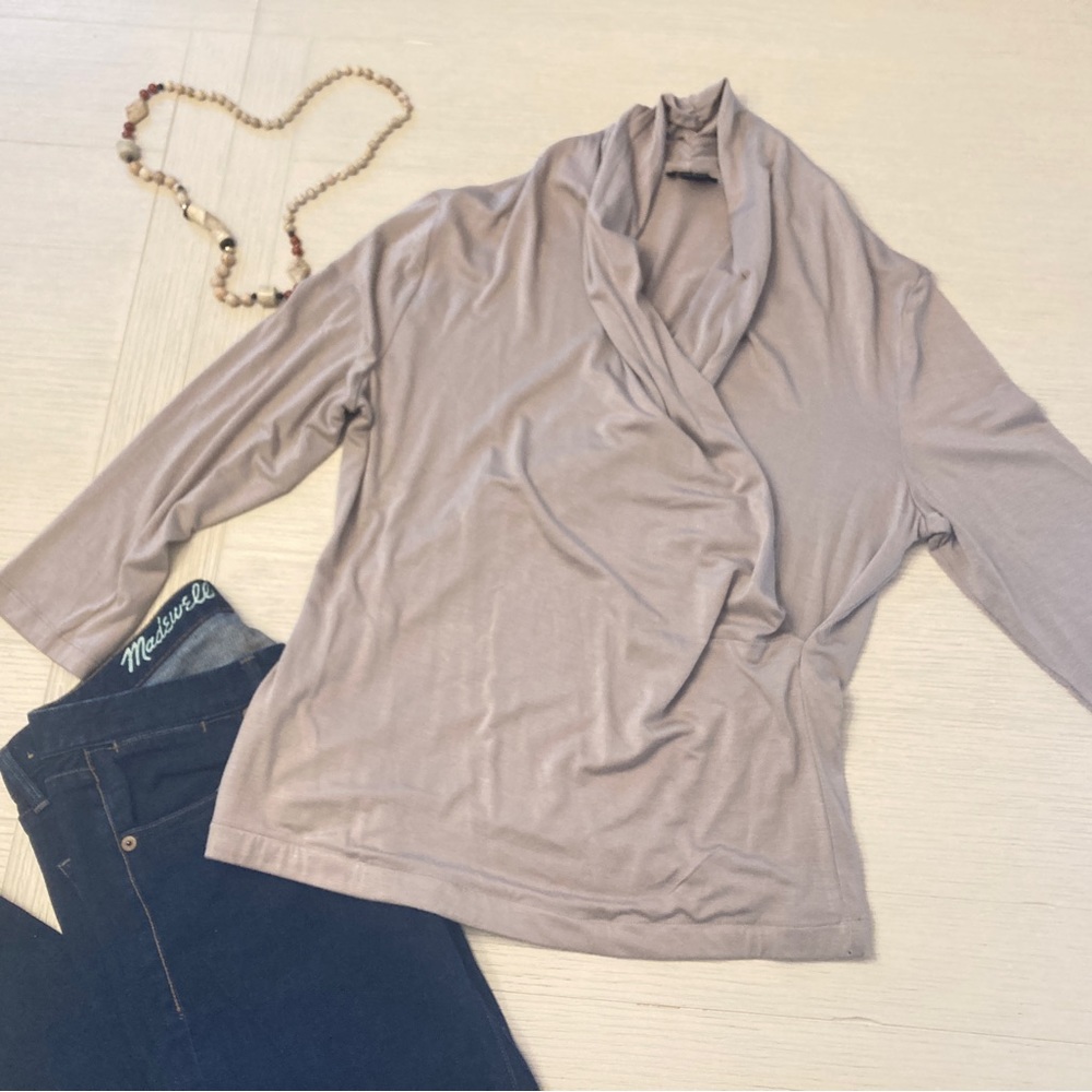 IMAN Faux Wrap Deep V-Neck Front 3/4 Sleeve Rayon Spandex/taupe/size S
